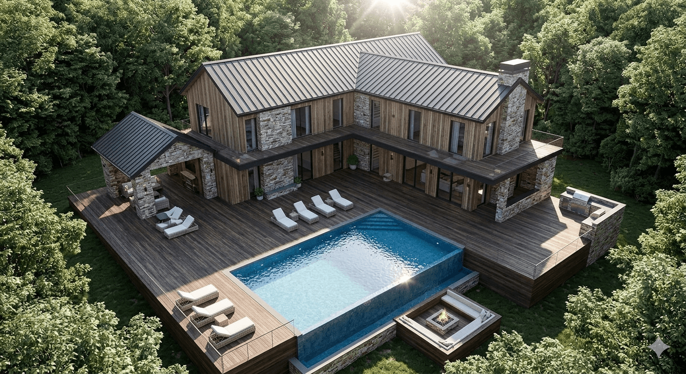 Residência ampla com acabamentos de luxo, piscina e área gourmet em condomínio fechado.